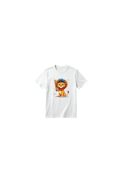 Unisex Kız Erkek Çocuk Baskılı Bisiklet Yaka Kısa Kollu Pamuklu Günlük T-Shirt — PLAYING BASEBALL LION BEYAZ
