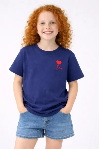 Kız Erkek Çocuk Oversize Nakışlı Pamuklu Unisex Yazlık T-Shirt — Lacivert