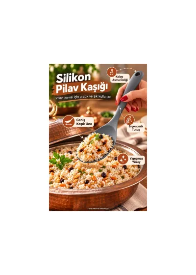 Silikon Pilav Kaşığı Gri Renk Geniş Yüzeyli Ergonomik Saplı Servis Kaşığı