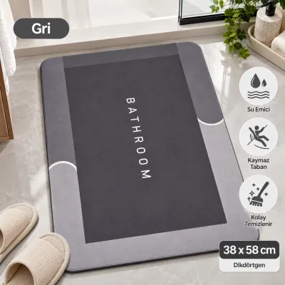 Sihirli Banyo Paspası 38x58 cm – Süper Su Emici, Kaydırmaz ve Hızlı Kuruyan Dikdörtgen - Gri