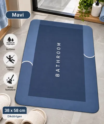 Sihirli Banyo Paspası 38x58 cm – Süper Su Emici, Kaydırmaz ve Hızlı Kuruyan Dikdörtgen Mavi