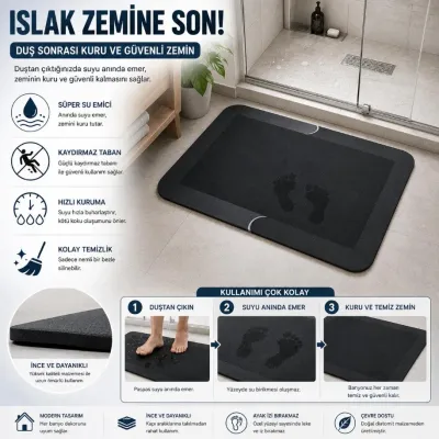 Sihirli Banyo Paspası 38x58 cm – Süper Su Emici, Kaydırmaz ve Hızlı Kuruyan Dikdörtgen Siyah