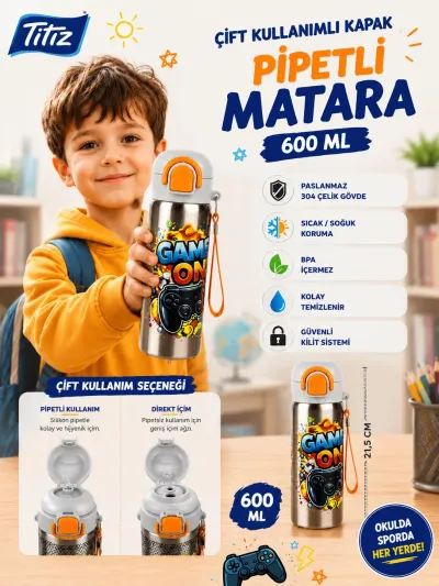 Titiz Siply 600 ml 304 Paslanmaz Çelik Çocuk Matarası Pipetli ve Direkt İçim Çift Kullanımlı Turuncu