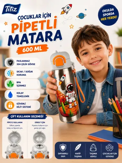 Titiz Siply 600 ml 304 Paslanmaz Çelik Çocuk Matarası Pipetli ve Direkt İçim Çift Kullanımlı Metalik