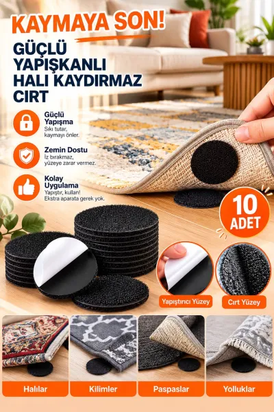 10 Adet Yapışkanlı Halı Kaydırmaz Cırt Ped Yuvarlak Halı Kilim Paspas Sabitleyici