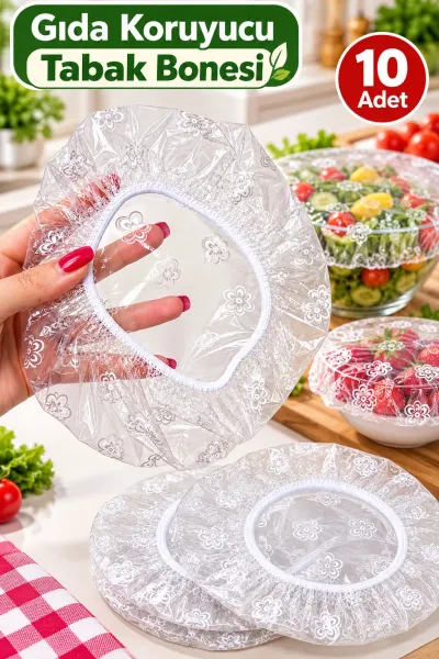 Gıda Koruyucu Tabak Bonesi 20 cm 10 Adet Lastikli Şeffaf Çiçek Desenli Naylon Tabak Örtüsü