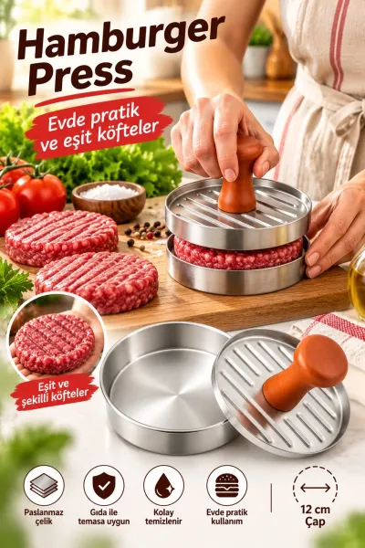 Paslanmaz Çelik Hamburger Köfte Presi 12 cm Ahşap Saplı Köfte Şekillendirme Kalıbı