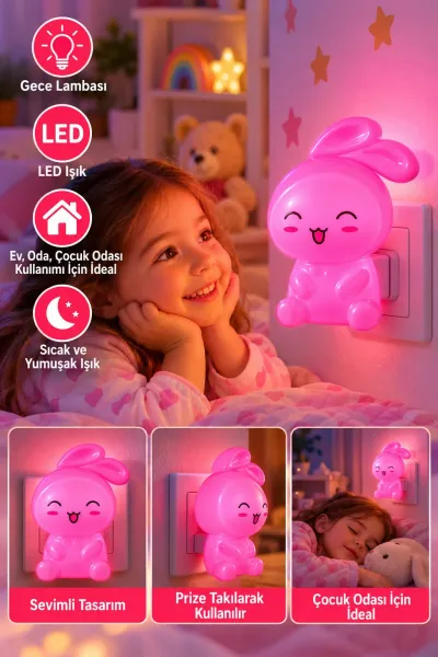 Gülen Tavşan Figürlü LED Gece Lambası Priz Tipi Çocuk ve Bebek Odası Dekoratif Işık Pembe