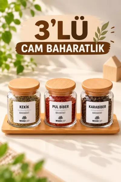 3’lü Ahşap Kapaklı Cam Baharatlık Seti – Ahşap Standlı ve Türkçe Etiketli
