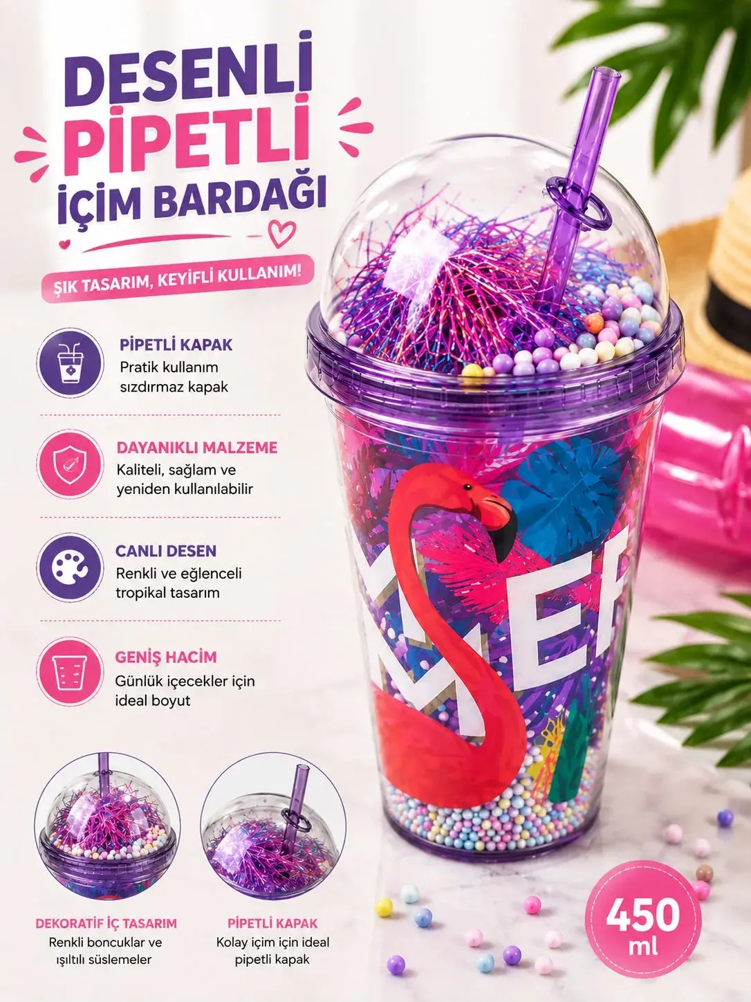 450 ml Desenli Pipetli İçecek Bardağı Kapaklı Dekoratif Soğuk İçecek Bardağı