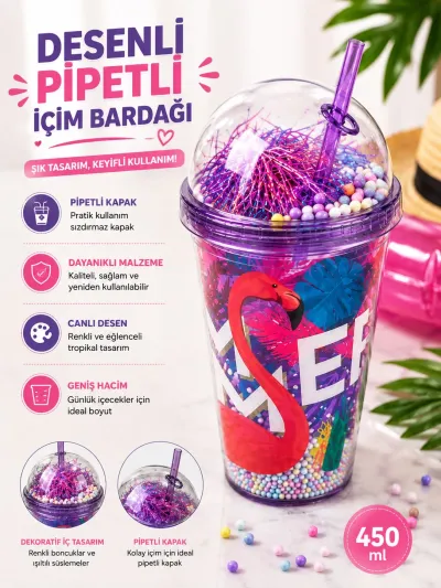 450 ml Desenli Pipetli İçecek Bardağı Kapaklı Dekoratif Soğuk İçecek Bardağı