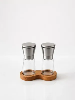 Ahşap Standlı Cam Tuz Karabiber Değirmeni | Paslanmaz Çelik Kapak | 180 ml Şeffaf 13 cm 2'li Set