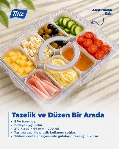 Çok Amaçlı Atıştırmalık Kabı 8 Bölmeli Taşınabilir Kahvaltılık Çerez Saklama Kutusu 310x240x68 mm