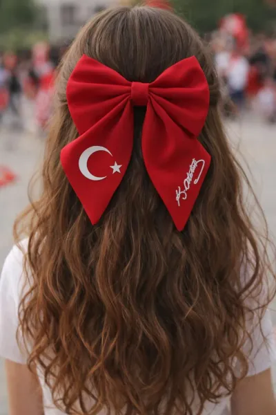 Kırmızı Kurdele Saç Tokası Türk Bayraklı Atatürk İmzalı Çocuk Saç Tokası