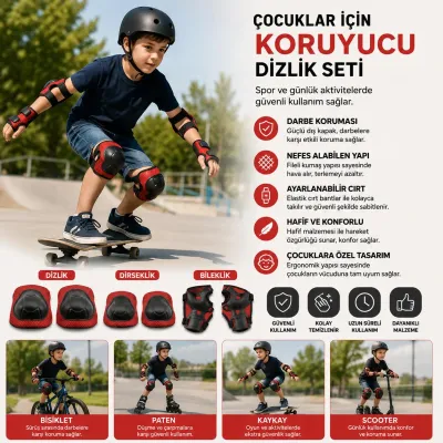 Çocuklar İçin Koruyucu Dizlik, Dirseklik ve Bileklik Seti - 3'lü Koruyucu Kırmızı