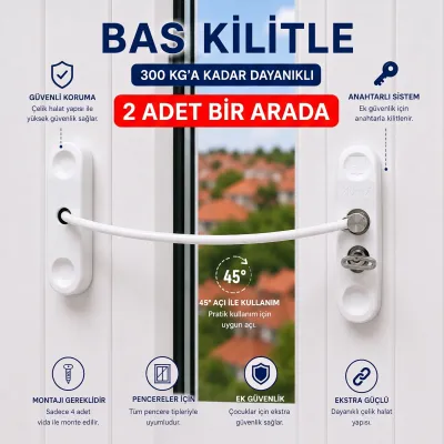 Çelik Halatlı Anahtarlı Pencere Emniyet Kilidi Çocuk Güvenlik Kilidi Beyaz 2 Adet