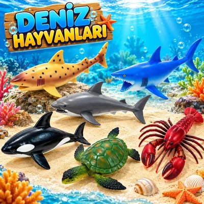Deniz Hayvanları Oyuncak Figür 6'lı Set Köpek Balığı Balina Kaplumbağa Istakoz