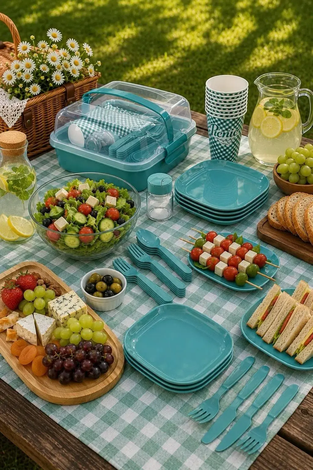 Titiz Lovely 32 Parça 6 Kişilik Piknik Seti BPA Free Kapaklı Taşınabilir Piknik Sepeti - Mavi