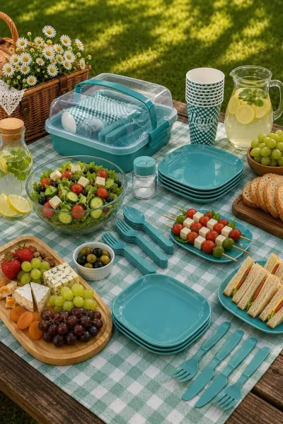Titiz Lovely 32 Parça 6 Kişilik Piknik Seti BPA Free Kapaklı Taşınabilir Piknik Sepeti - Mavi