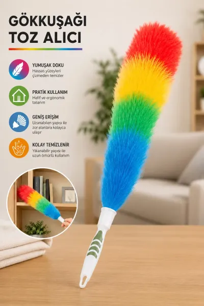 Titiz Softon Gökkuşağı Katlanabilir Kılıflı Mikrofiber Toz Alma Fırçası