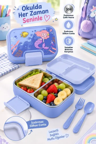 Titiz Happii 1030 ml Çelik Bölmeli Beslenme Kabı Sızdırmaz Silikon Contalı Çatal Kaşık Setli - Mor