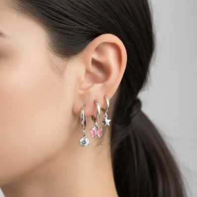 3 Küpe Görünümlü Tek Halka Küpe – Kelebek Yıldız Detaylı – Çelik – Silver