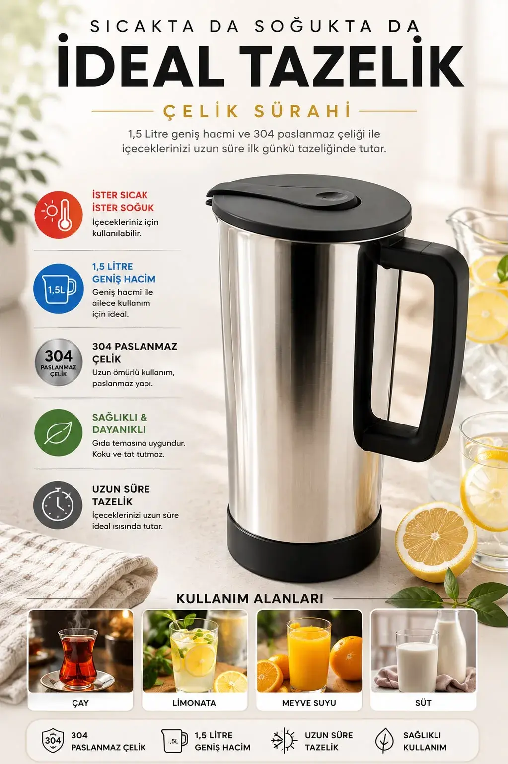 1,5 Litre 304 Paslanmaz Çelik Sürahi | Sıcak Soğuk İçecek Sürahisi | Çelik Termal Sürahi