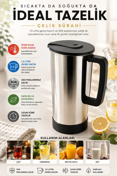 1,5 Litre 304 Paslanmaz Çelik Sürahi | Sıcak Soğuk İçecek Sürahisi | Çelik Termal Sürahi