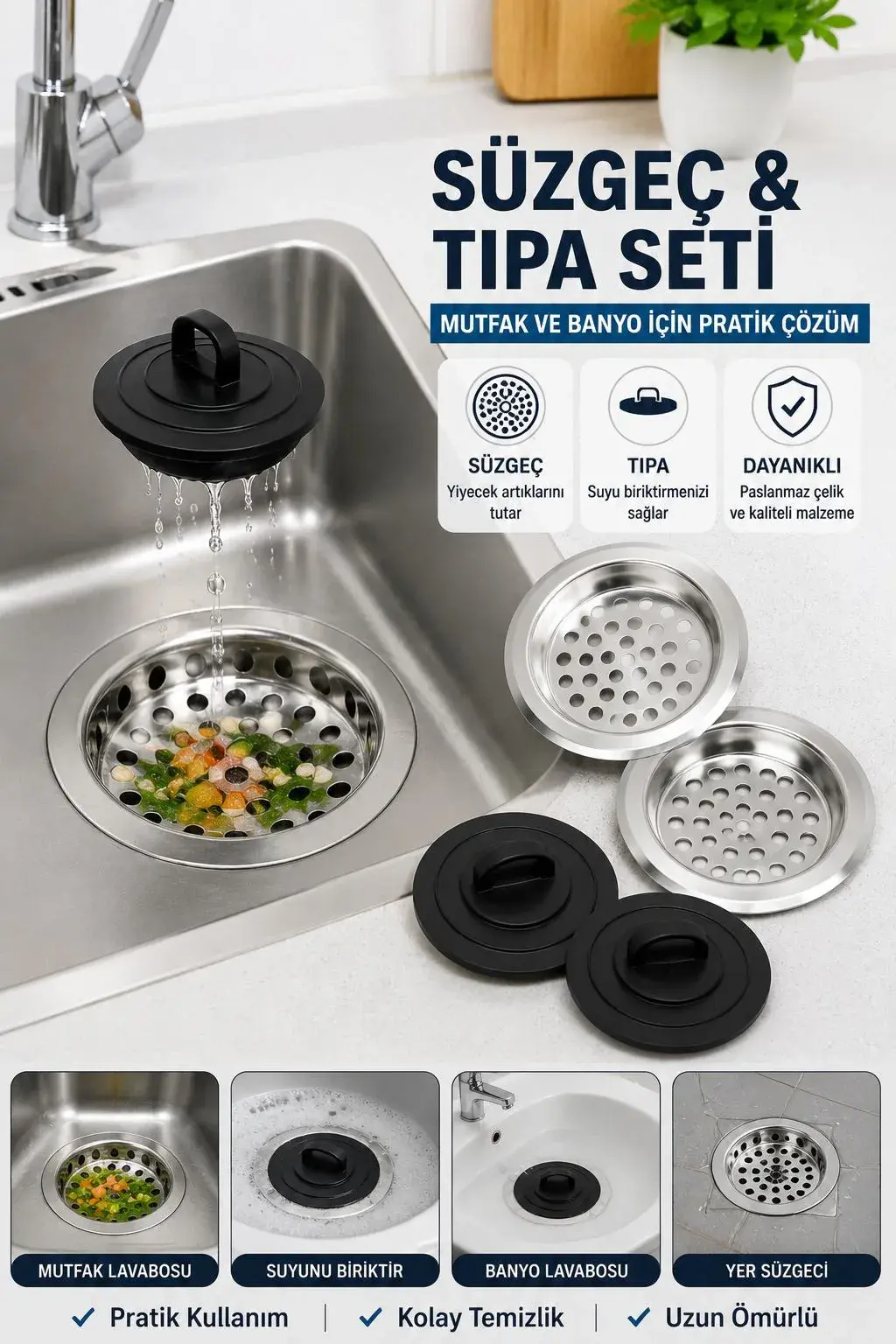 4 Parça Lavabo Süzgeç ve Tıpa Seti Paslanmaz Çelik Mutfak Banyo Gider Süzgeci Gider Kapağı