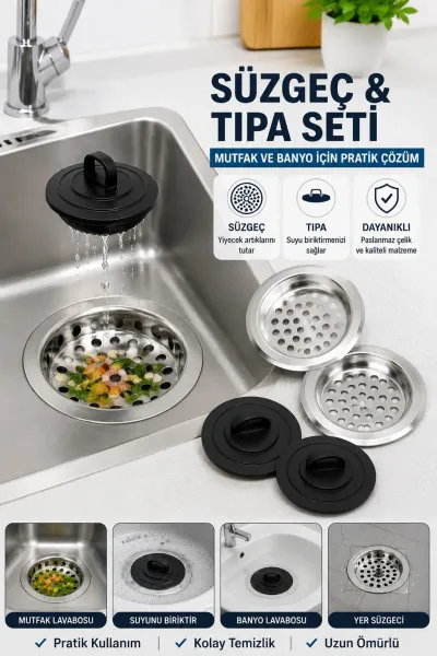 4 Parça Lavabo Süzgeç ve Tıpa Seti Paslanmaz Çelik Mutfak Banyo Gider Süzgeci Gider Kapağı