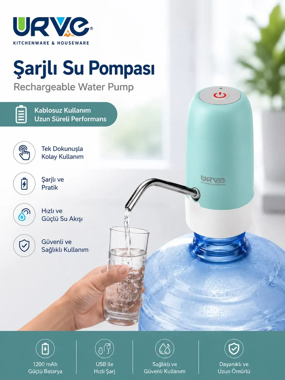 Şarjlı Damacana Su Pompası USB Şarjlı Otomatik Su Sebili Pompası