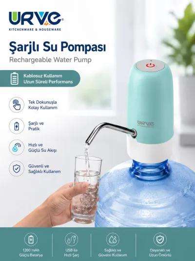 Şarjlı Damacana Su Pompası USB Şarjlı Otomatik Su Sebili Pompası