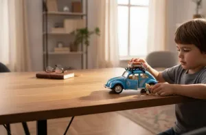 Klasik Işıklı Sesli Metal Araba – Mavi Valizli Retro Beetle - 15 cm