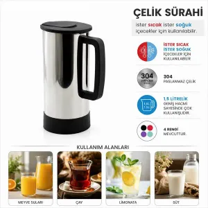 1,5 Litre 304 Paslanmaz Çelik Sürahi | Sıcak Soğuk İçecek Sürahisi | Çelik Termal Sürahi