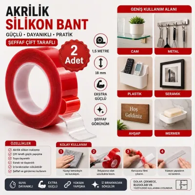 Şeffaf Çift Taraflı Akrilik Silikon Bant 1,5 Metre 18 mm Ekstra Güçlü 2 Adet