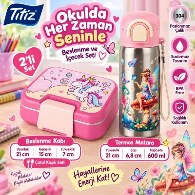 Titiz Çelik Beslenme Kabı ve 600 ml Çelik Termos Matara Seti Pembe Unicorn Su Perisi 2’li Okul Seti