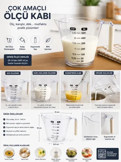 500 ML Ölçü Kabı Ölçekli Şeffaf Dereceli Mutfak Ölçü Bardağı Cup ve ML Ölçülü Kulplu