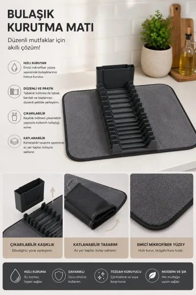 Premium Katlanabilir Mikrofiber Bulaşıklık Seti Antrasit – Tezgah Üstü Kurulama Matı 36x60 cm