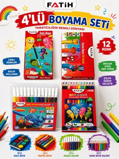 Fatih 4’lü Boyama Seti 12’li Sulu Boya Pastel Boya Keçeli Kalem Kuru Boya