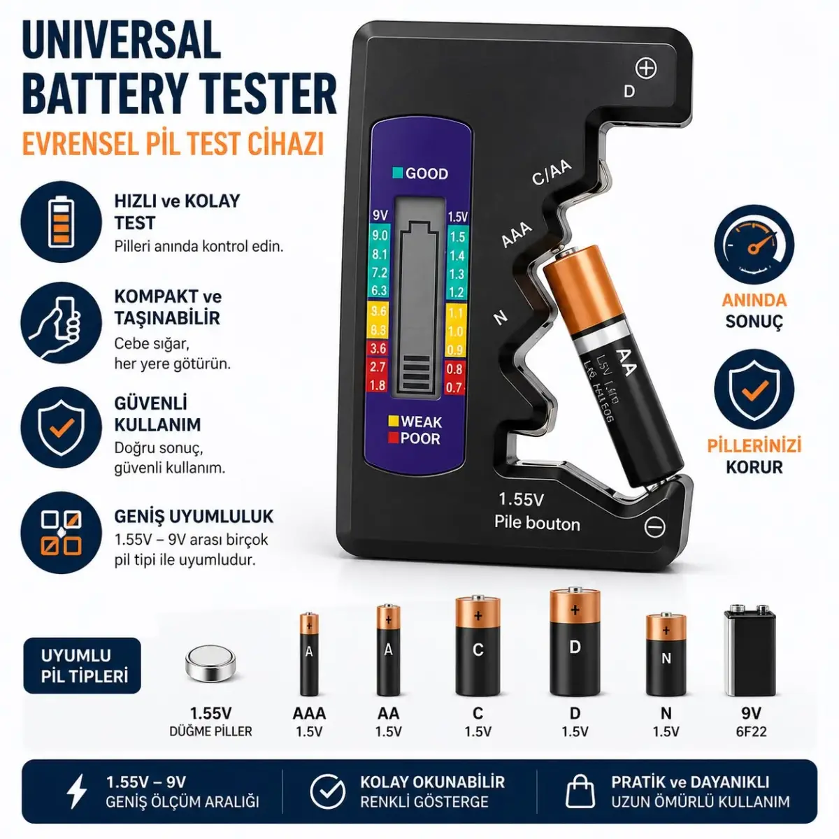 Evrensel Dijital Pil Test Cihazı AA AAA C D N 9V ve Düğme Pil Uyumlu