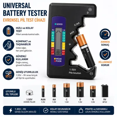 Evrensel Dijital Pil Test Cihazı AA AAA C D N 9V ve Düğme Pil Uyumlu