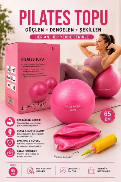 Pilates Topu 65 cm Pembe + El Pompası Hediyeli Denge Egzersiz Topu Fitness Yoga