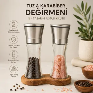 Ahşap Standlı Cam Tuz Karabiber Değirmeni | Paslanmaz Çelik Kapak | 2’li Set