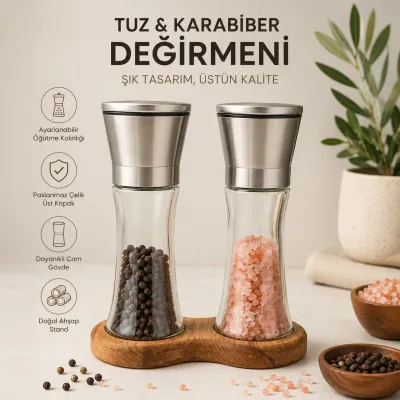 Ahşap Standlı Cam Tuz Karabiber Değirmeni | Paslanmaz Çelik Kapak | 2’li Set