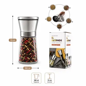 Seramik Öğütücülü 5 Kademe Ayarlı Tuz ve Karabiber El Değirmeni - 180 ml Şeffaf Cam Hazne 13 cm 2'li Set