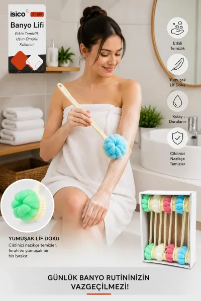 Saplı Banyo Lifi ve Duş Fırçası Çift Taraflı Uzun Saplı Banyo Kesesi 38 cm