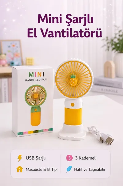 Mini USB Şarjlı El Vantilatörü – Taşınabilir 3 Kademeli El Fanı (15 cm)
