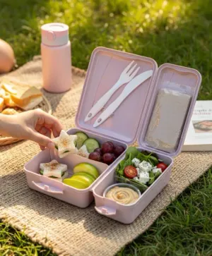 Titiz Takeaway Beslenme Kabı Seti Bölmeli Lunch Box Çatal Bıçak Dahil BPA Free Lila