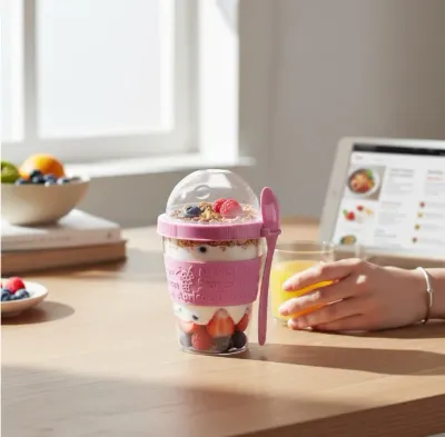 Titiz 600 ml Kaşıklı Yoğurt Müsli Kabı – Taşınabilir Kase - Pembe
