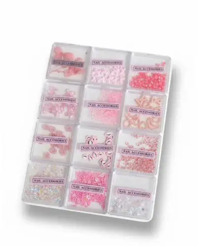 Pembe Nail Art Tırnak Süsleme Seti 12 Bölmeli | Çiçek, Kalp, Ayıcık, İnci ve Pul Tırnak Aksesuarları